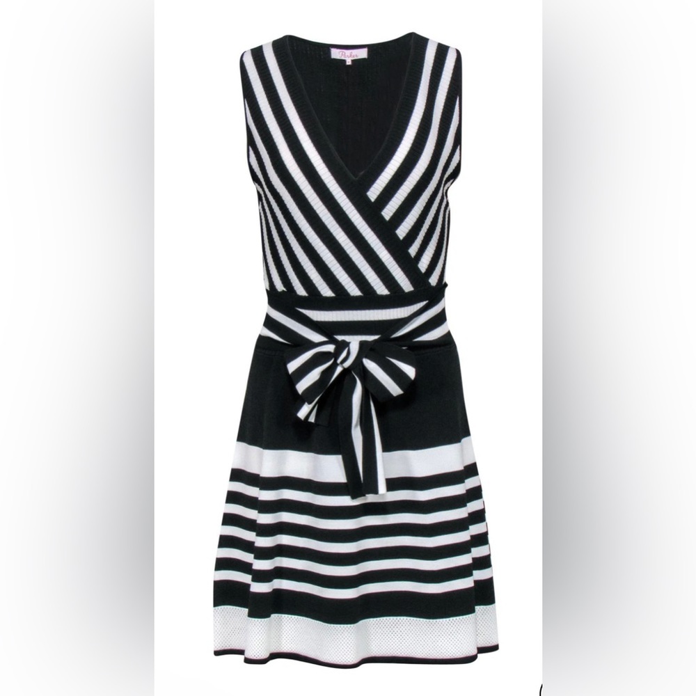 NWOT Parker -Black & White Striped Sleeveless Ribbed Fit & Flare Dress Sz XS $90